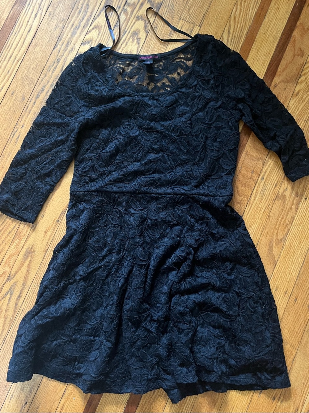 Material Girl Black Lace Skater Dress with Three-Quarter Sleeves